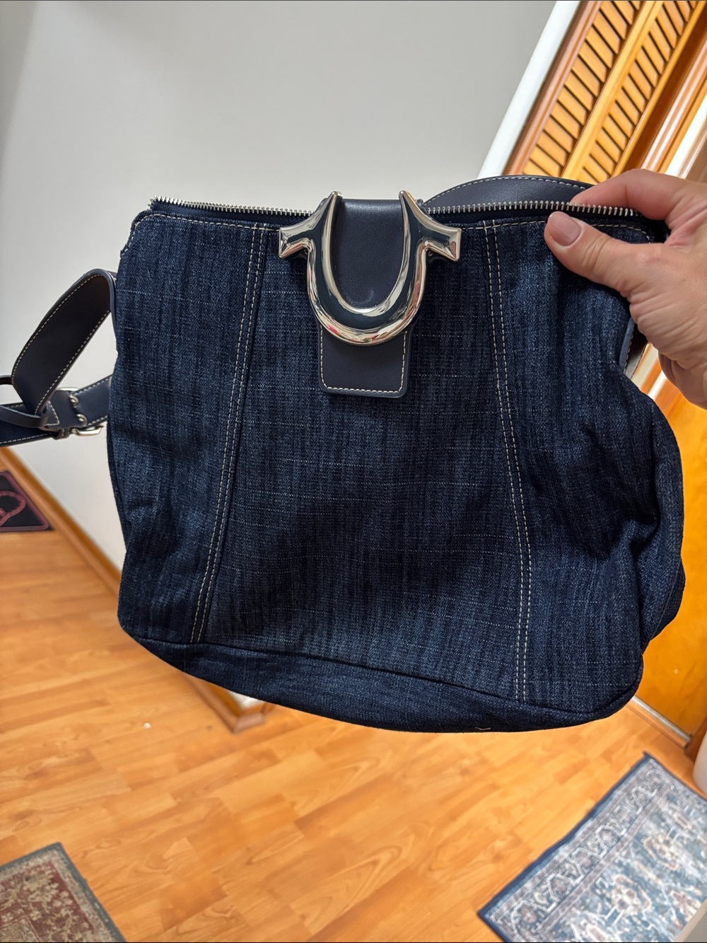 True Religion Dark Indigo Denim Shoulder Bag with Black Strap - Picture 2 of 3